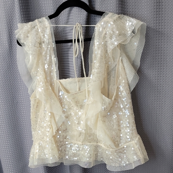 Anthropologie Cream Sequin Peplum Ruffle Tank Size XL - Picture 5 of 6